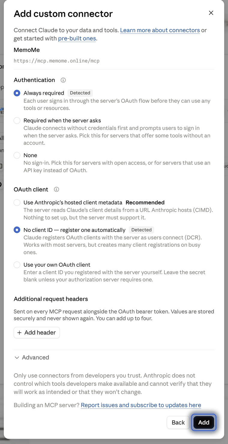 Screenshot: Keep the detected settings